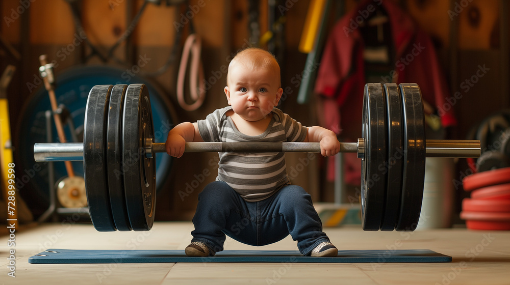 Infant in a squat position holding a barbell. Great for fitness inspiration content and parenting magazines Infant in a squat position holding a barbell. Great for fitness inspiration content and parenting magazines