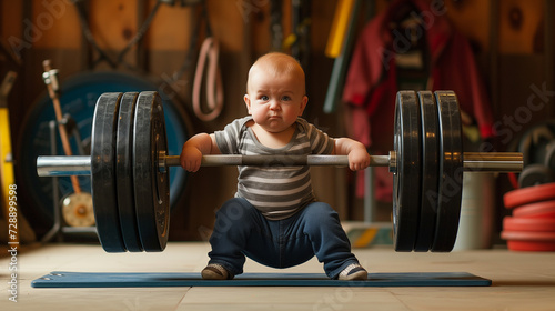 Infant in a squat position holding a barbell. Great for fitness inspiration content and parenting magazines photo