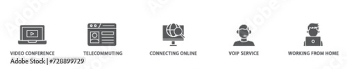 Remote working banner web icon illustration concept with icon of video conference, telecommuting, connecting online, voip, and working from home icon live stroke and easy to edit 