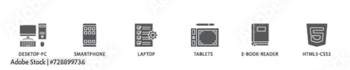 Responsive web design banner web icon illustration concept with icon of tablets, html5 css3, e book reader, laptop, smart phone, desktop pc icon live stroke and easy to edit 