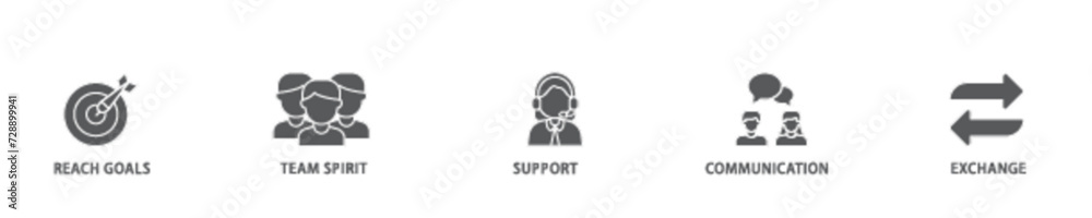 Working together banner web icon illustration concept with icon of collaboration, reach goals, team spirit, support, communication, and exchange icon live stroke and easy to edit Working together banner web icon illustration concept with icon of collaboration, reach goals, team spirit, support, communication, and exchange icon live stroke and easy to edit