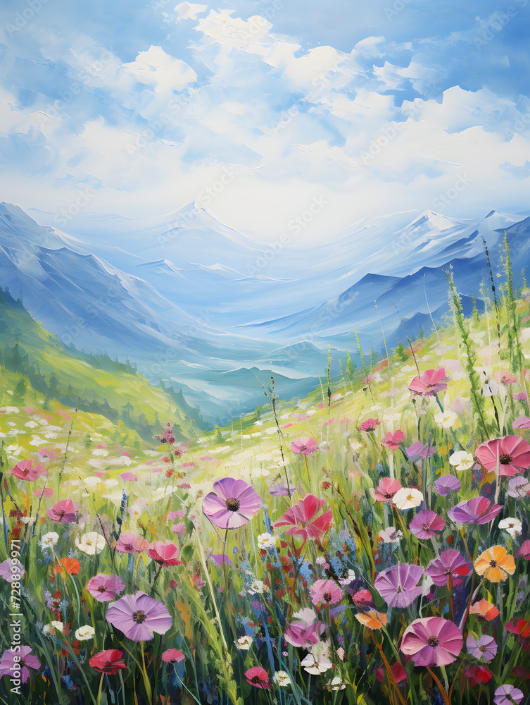 Obraz premium Art oil painting with meadow mountain flowers in spring