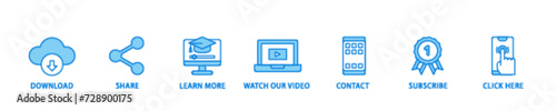 Call to action banner web icon illustration concept with icon of  click here, watch our video, subscribe, contact, learn more, share, download icon live stroke and easy to edit 