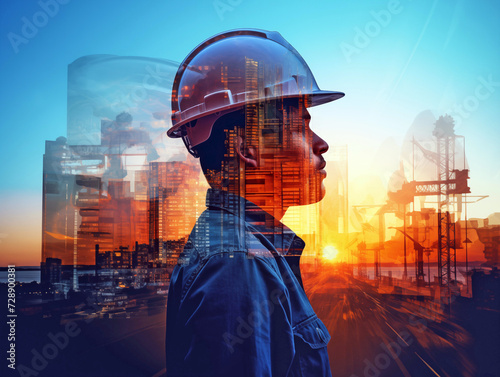 Engineer in a hard hat with city and sunset background