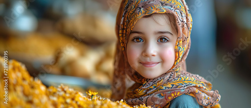 a girl in a headscarf and scarf standing in front of a pile of dried flowers photo