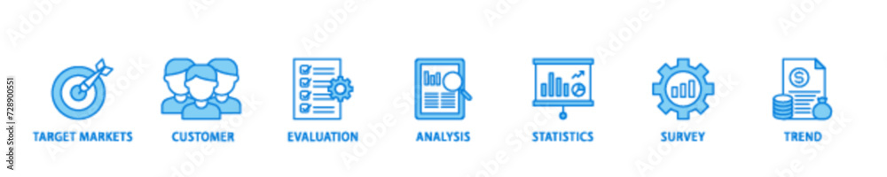 Market research banner web icon illustration concept with icon of target markets, customer, evaluation, analysis, statistics, survey and trend icon live stroke and easy to edit 