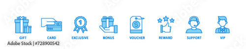 Loyalty program banner web icon illustration concept with icon of vip, support, bonus, reward, voucher, exclusive, card, gift icon live stroke and easy to edit 