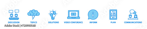 Meeting banner web icon illustration concept with icon of communications, topics, solutions, plan, inform and video conference  icon live stroke and easy to edit 