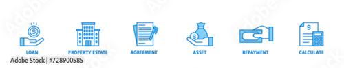 Mortgage banner web icon illustration concept with icon of loan, property estate, agreement, asset, repayment and calculate icon live stroke and easy to edit 