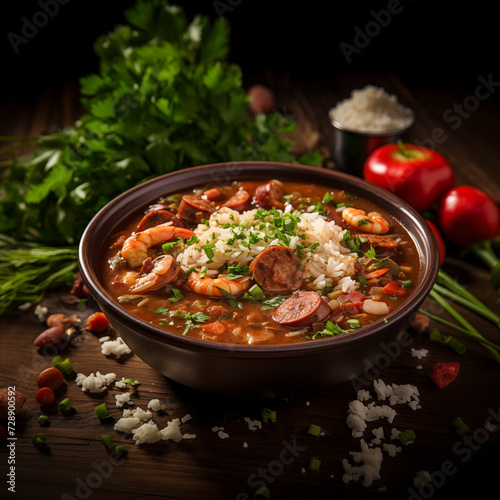 Gumbo dish, Flavorful stew made with a strong flavored stock, meat and shellfish, and vegetables photo