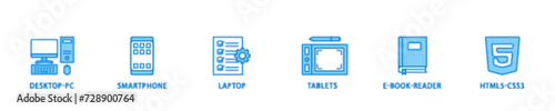 Responsive web design icon set flow process illustrationwhich consists of tablets, html5 css3, e book reader, laptop, smart phone, desktop pc icon live stroke and easy to edit 