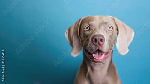 Studio headshot portrait of Weimaraner dog looking forward with a funny smirk against a blue background 