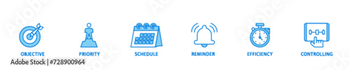 Time management banner web icon illustration concept with icon of objective, priority, schedule, reminder, efficiency, alerts, and controlling icon live stroke and easy to edit 