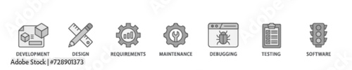 Agile banner web icon illustration concept with icon of development, design, requirements, maintenance, debugging, testing and software icon live stroke and easy to edit 
