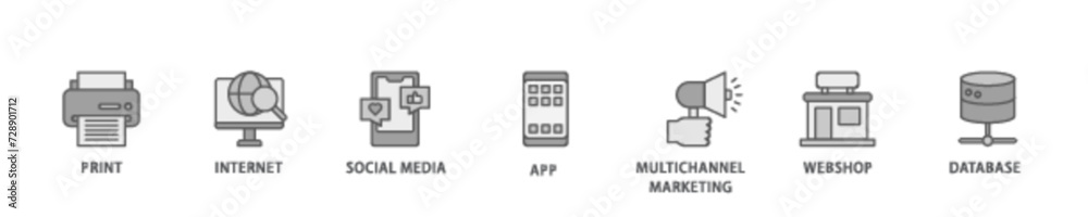 Cross media banner web icon illustration concept with icon of print, internet, social media, app, multichannel marketing, webshop and database icon live stroke and easy to edit Cross media banner web icon illustration concept with icon of print, internet, social media, app, multichannel marketing, webshop and database icon live stroke and easy to edit