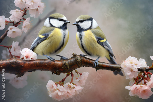 pair tits, spring birds, Little birds sitting, cherry tree, Spring time