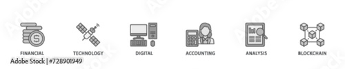 Fintech banner web icon illustration concept with icon of financial, technology, digital, accounting, analysis and blockchain icon live stroke and easy to edit 