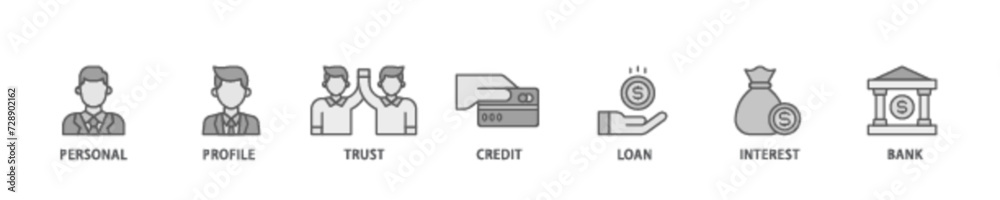 Microcredit banner web icon illustration concept with icon of personal, profile, trust, credit, loan, interest and bank icon live stroke and easy to edit Microcredit banner web icon illustration concept with icon of personal, profile, trust, credit, loan, interest and bank icon live stroke and easy to edit