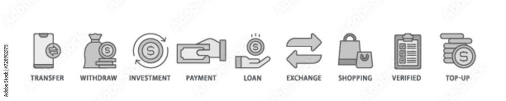 Mobile banking banner web icon illustration concept with icon of transfer, withdraw, investment, payment, loan, exchange, shopping, verified and top up icon live stroke and easy to edit Mobile banking banner web icon illustration concept with icon of transfer, withdraw, investment, payment, loan, exchange, shopping, verified and top up icon live stroke and easy to edit