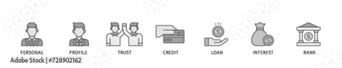 Microcredit banner web icon illustration concept with icon of personal, profile, trust, credit, loan, interest and bank icon live stroke and easy to edit 