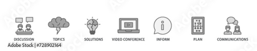 Meeting banner web icon illustration concept with icon of communications, topics, solutions, plan, inform and video conference  icon live stroke and easy to edit 