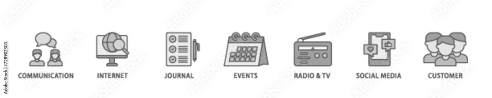 Obraz premium Public relations banner web icon illustration concept with icon of communication, internet, journal, events, radio, tv, social media, and customer icon live stroke and easy to edit 