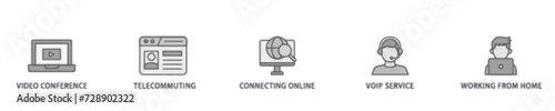 Remote working banner web icon illustration concept with icon of video conference, telecommuting, connecting online, voip, and working from home icon live stroke and easy to edit 