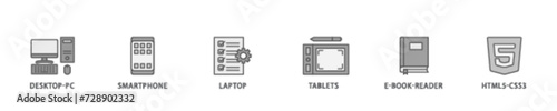 Responsive web design banner web icon illustration concept with icon of tablets, html5 css3, e book reader, laptop, smart phone, desktop pc icon live stroke and easy to edit 