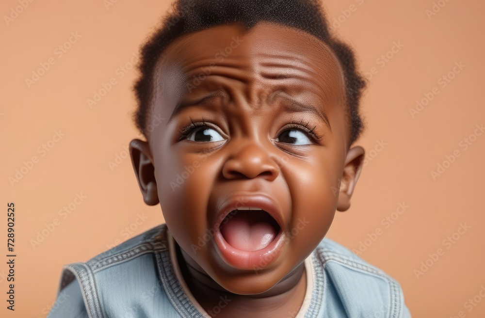 Close-up on small black boy toddler crying loudly against beige backdrop in need for baby care Close-up on small black boy toddler crying loudly against beige backdrop in need for baby care