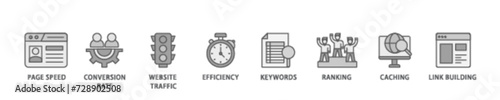 Website optimization banner web icon illustration concept with icon of page speed, conversion rate, website traffic, efficiency, keywords, ranking, caching  icon live stroke and easy to edit 
