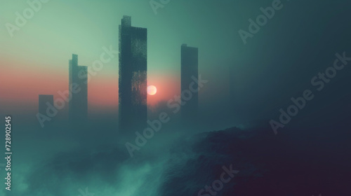 As you step into this strange world you find yourself surrounded by towering gllike structures that seem to defy gravity. A thick layer of fog hangs in the air obscuring your