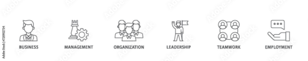 Business management icon set flow process illustrationwhich consists of business, management, organization, leadership, teamwork and employment icon live stroke and easy to edit 