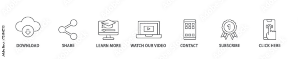 Call to action icon set flow process illustrationwhich consists of click here, watch our video, subscribe, contact, learn more, share, download icon live stroke and easy to edit Call to action icon set flow process illustrationwhich consists of click here, watch our video, subscribe, contact, learn more, share, download icon live stroke and easy to edit