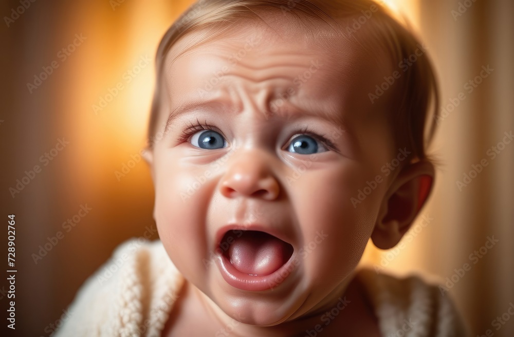 little Caucasian boy toddler crying out loud at home, closeup. providing baby care little Caucasian boy toddler crying out loud at home, closeup. providing baby care