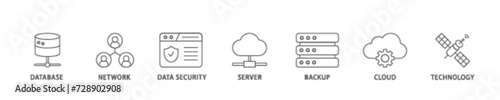 Data center icon set flow process illustrationwhich consists of database, network, data security, server, backup, cloud and technology icon live stroke and easy to edit 