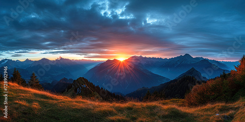 Swiss Alps snowy mountain range with valleys and meadows, Switzerland landscape. Golden hour sunset, serene idyllic panorama, majestic nature, relaxation, calmness concept