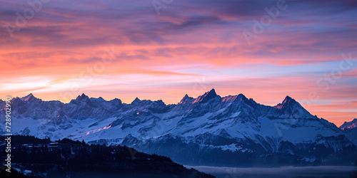 Swiss Alps snowy mountain range with valleys and meadows, countryside in Switzerland landscape. Golden hour majestic fiery sunset sky, travel destination wallpaper background © Ars Nova