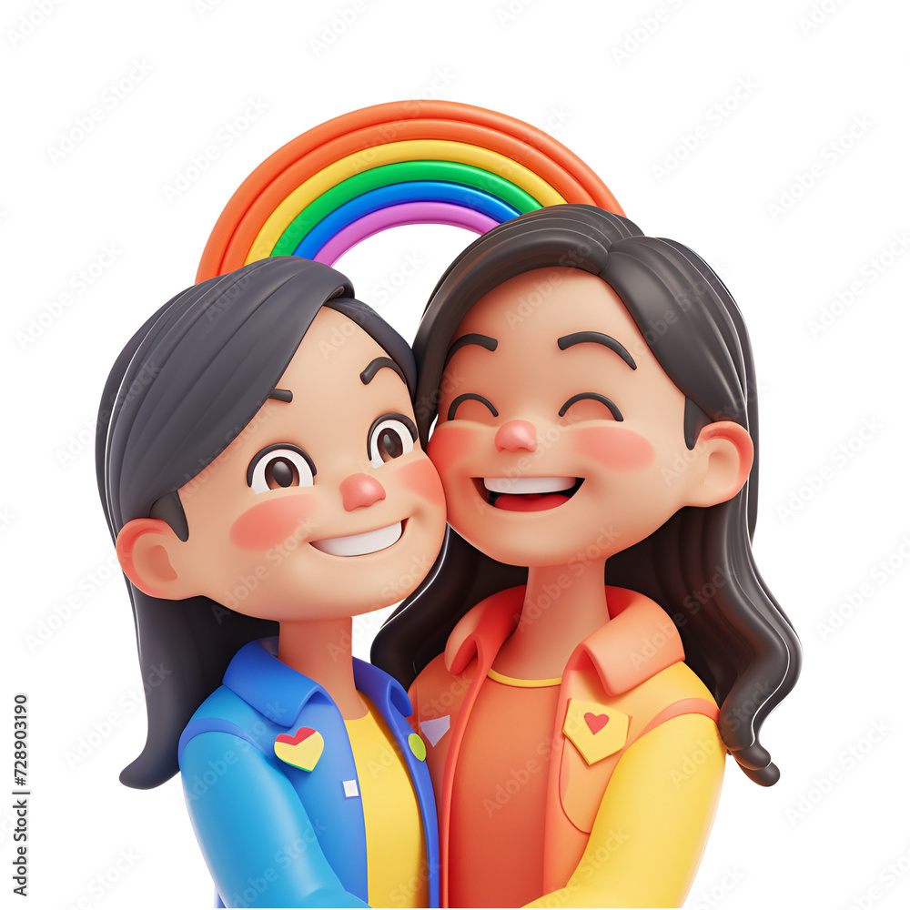 Pleasant LGBT Duo with Rainbow Palette, Simple 3D Illustration of Lesbian Couple, Isolated on Transparent Background, PNG Pleasant LGBT Duo with Rainbow Palette, Simple 3D Illustration of Lesbian Couple, Isolated on Transparent Background, PNG