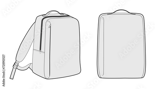 Laptop backpack silhouette bag. Fashion accessory technical illustration. Vector schoolbag front 3-4 view for Men, women, unisex style, flat handbag CAD mockup sketch outline isolated