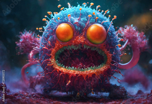 Crazy monster virus. Vile angry virus in the form of an angry toothy monstrous character.