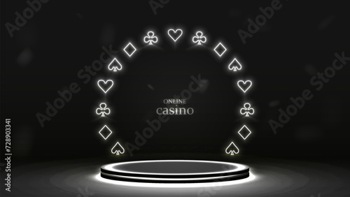 3d podium with neon frame of poker card suits in silver and white on a dark background. The concept of an online casino.