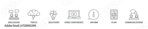 Meeting icon set flow process illustrationwhich consists of communications, topics, solutions, plan, inform and video conference  icon live stroke and easy to edit 