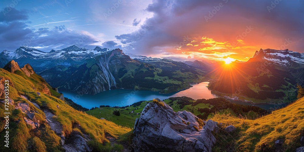 Swiss Alps snowy mountain range with valleys and meadows, Switzerland landscape. Golden hour sunset, serene idyllic panorama, majestic nature, relaxation, calmness concept