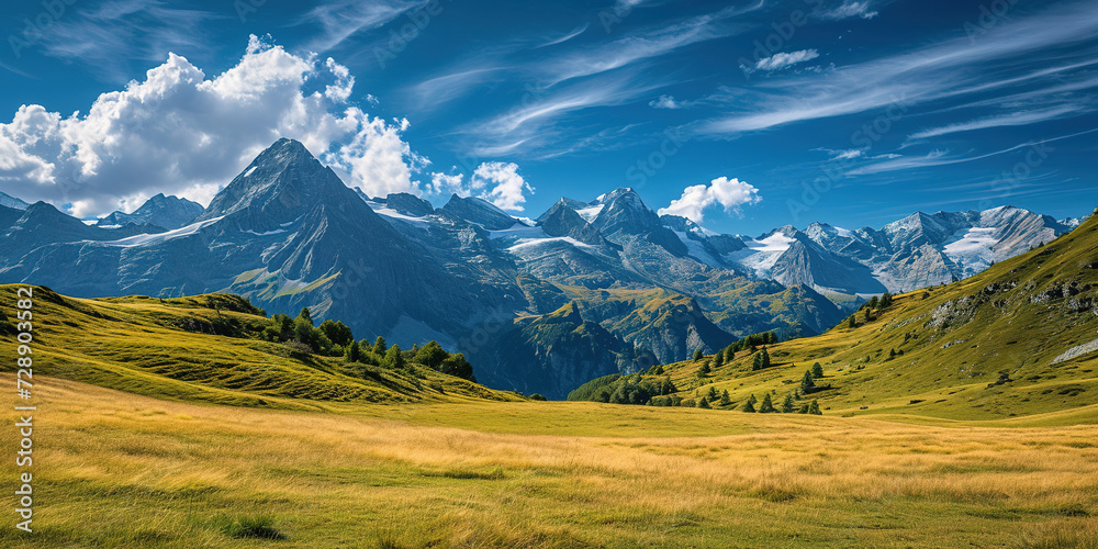 Fototapeta premium Swiss Alps mountain range with lush forest valleys and meadows, countryside in Switzerland landscape. Snowy mountain tops in the horizon, travel destination wallpaper background