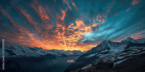 Swiss Alps snowy mountain range with valleys and meadows, countryside in Switzerland landscape. Golden hour majestic fiery sunset sky, travel destination wallpaper background photo