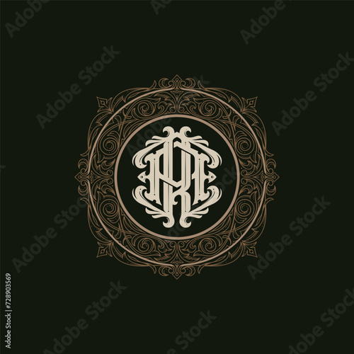Victorian style monogram with initial AR or RA. Badge logo design. can be applied on stationery  invitations  signage  packaging  or even as a branding element and etc