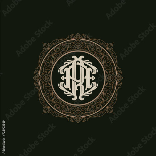 Victorian style monogram with initial AR or RA. Badge logo design. can be applied on stationery, invitations, signage, packaging, or even as a branding element and etc