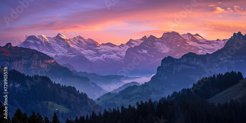 Swiss Alps snowy mountain range with valleys and meadows, Switzerland landscape. Golden hour sunset, serene idyllic panorama, majestic nature, relaxation, calmness concept