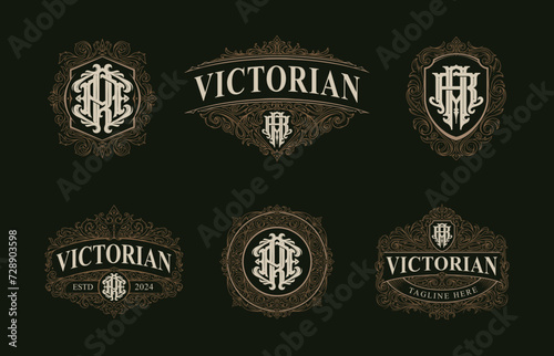 Victorian style monogram with initial AR or RA. Templates set designs. Can be applied on stationery, invitations, signage, packaging, or even as a branding element and etc