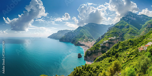 Amalfi coast coastline in Sorrentine Peninsula, Campania region, Italy. Holiday destination shoreline with hills, beaches, and cliffs, sea view, blue sky day wallpaper background